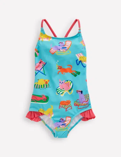 Boden Kids' Pretty Crossback Swimsuitcaribbean Blue Poolside Pets Girls