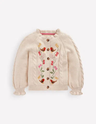 Boden Kids' Pretty Embroidered Cardigan Oatmeal Marl  In Multi