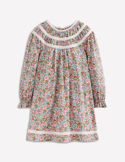 Boden Kids' Pretty Lace Trim Jersey Dress Soft Ivory Berry Floral  In Multi