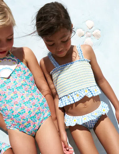 Boden Kids' Pretty Peplum Bikini Smocked Gingham Daisy Girls  In Blue