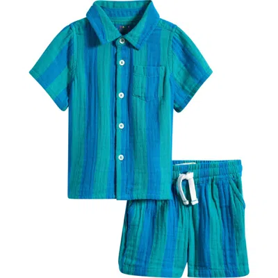 Boden Babies'  Print Cotton Button-up Shirt & Shorts Set In Blue