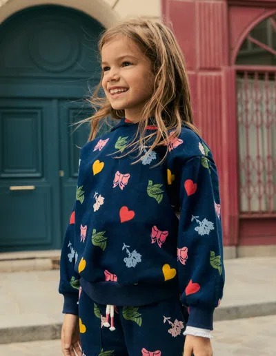 Boden Kids' Printed Hoodie College Navy Festive Fun  In Multi