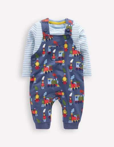 Boden Babies' Printed Jersey Overalls Set Blue Marl Trains  In Multi
