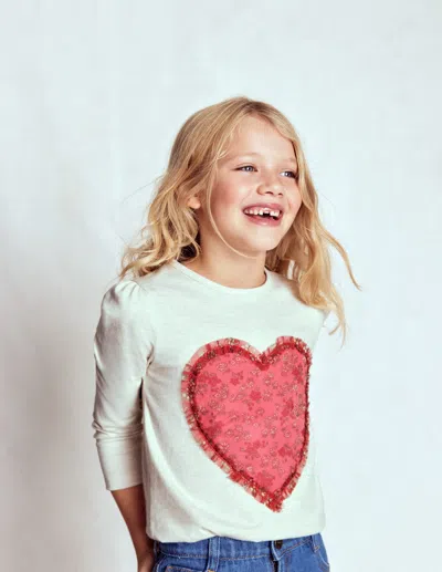 Boden Kids' Puff Sleeve Appliqué  T Shirt Ruffle Heart  In White