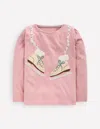 Boden Puff Sleeve Appliqué  T Shirt Vintage Pink Skates  In Pink