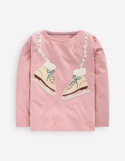 Boden Kids' Puff Sleeve Appliqué  T Shirt Vintage Pink Skates
