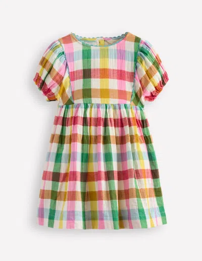 Boden Kids' Puff Sleeve Double Cloth Dressmulti Check Girls  In Multi