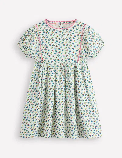 Boden Kids' Puff Sleeve Double Cloth Dresssoft Ivory Ditsy Floral Girls  In White
