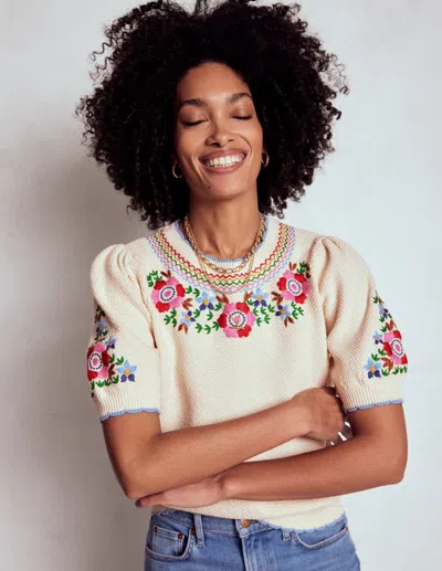 Boden Puff Sleeve Embroidery T Shirt Warm Ivory Women  In Sand