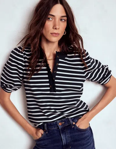 Boden Puff Sleeve Henley-navy, Ivory Stripe Female  In Blue