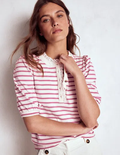 Boden Puff Sleeve Henley Pink Heather, Ivory Stripe