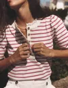 Boden Puff Sleeve Henley Pink Heather, Ivory Stripe  In Multi