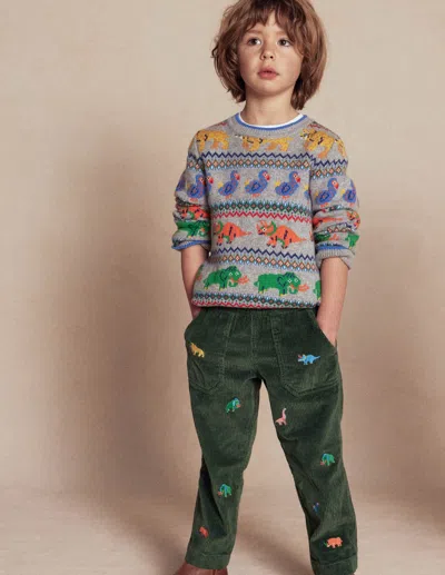 Boden Kids' Pull On Cord Pants Prehistoric Animals Embroidery  In Green