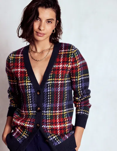 Boden Quinn Boyfriend Cardigan Navy, Green And Red Check  In Multi