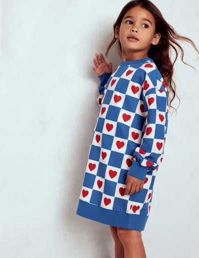 Boden Kids' Relaxed Sweatshirt Dress Blue Heart Stamp  In Multi