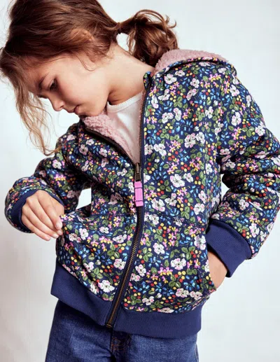 Boden Kids' Wendbarer Teddy-kapuzenpullover-steuerbordblau Beeren Blumenmuster In Black