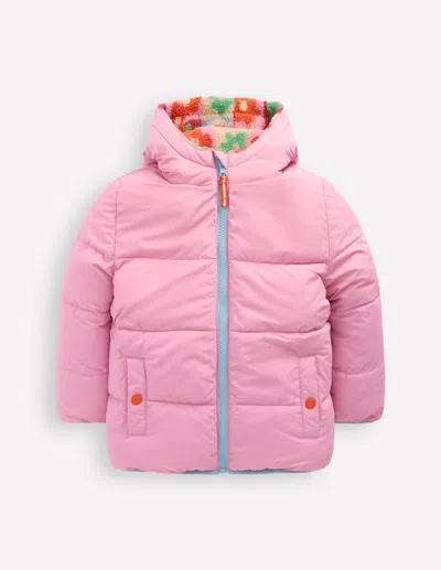 Boden Kids' Reversible Padded Borg Coat Multi Flower Check  In Pink