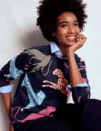 Boden Rosa Printed Sweatshirt Navy, Leaping Leopard