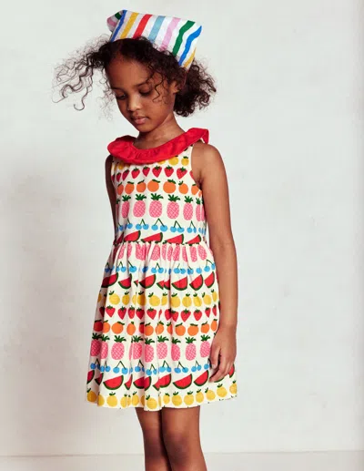 Boden Kids' Ruffle Neck Jersey Dressivory Fruit Stripe Girls  In White