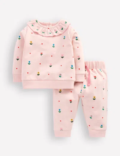 Boden Babies' Ruffle Neck Sweat Set Chalk Pink Multi Heart Flower