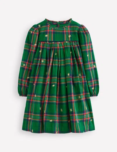 Boden Kids' Ruffle Neck Woven Dress Star Check  In Green