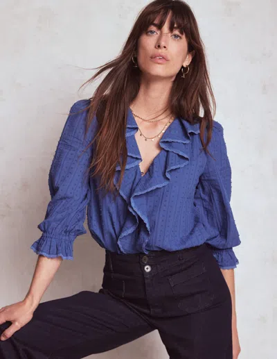 Boden Ruffle V Neck Blouse Denim Blue Women