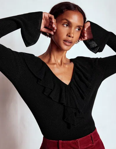 Boden Ruffled Rib Henley Sweater Black