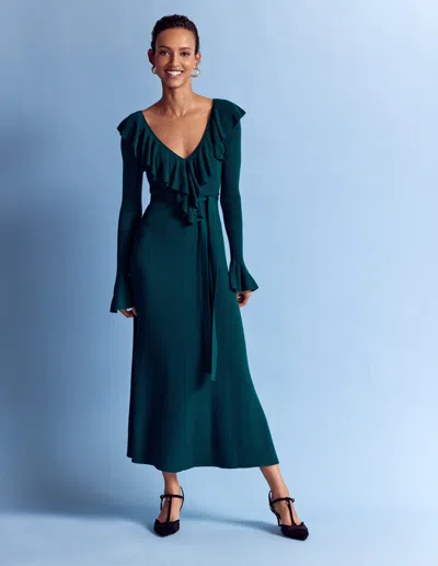 Boden Ruffled Ribbed Henley Dress-emerald Night Female  In Blue