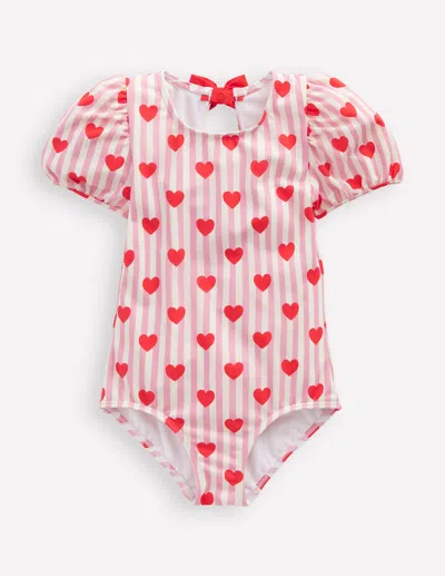 Boden Kids' Sandy Puff Sleeve Swimsuitbubblegum Pink Heart Stripe Girls  In Bubblegum Pink Heart Stripe