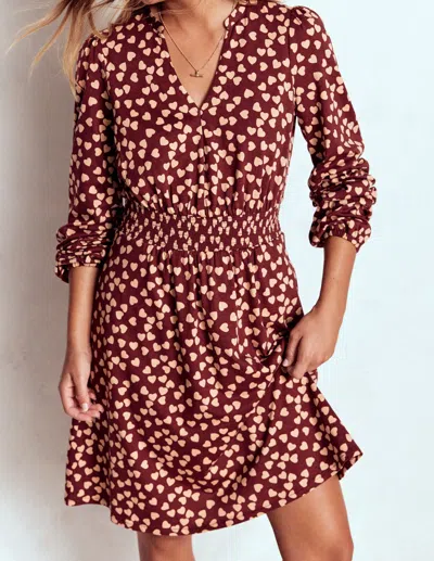 Boden Sarah Short Jersey Dress Chestnut, Heart Cascade  In Red