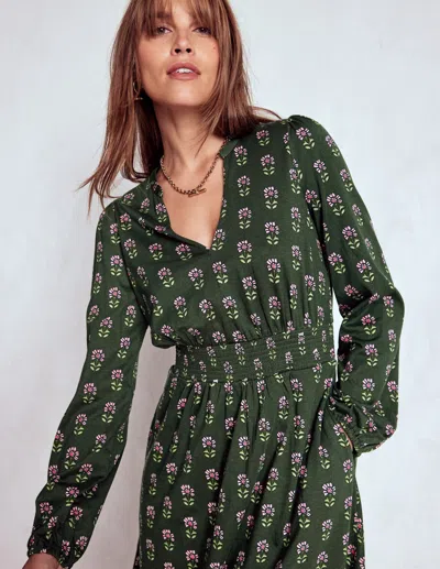Boden Sarah Short Jersey Dress Winter Moss, Woodblock Floral  In Green