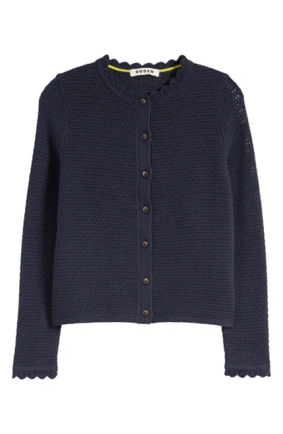 Boden Scalloped Open Knit Cotton Cardigan In Navy