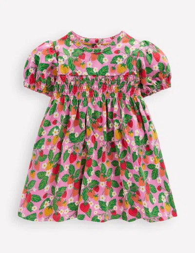 Boden Babies' Shirred Jersey Dressvintage Mauve Strawberry Patch Girls  In Green