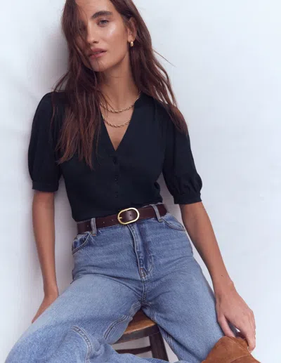 Boden Short Sleeve Open Neck Henley Navy  In Black