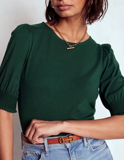 Boden Short Sleeve Smocked Cuff Top-green Pine Female  In Gold