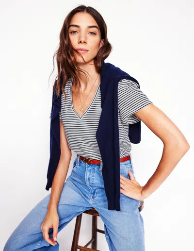 Boden Short Sleeve V Neck Tshirtivory, Navy Stripe Women  In Blue