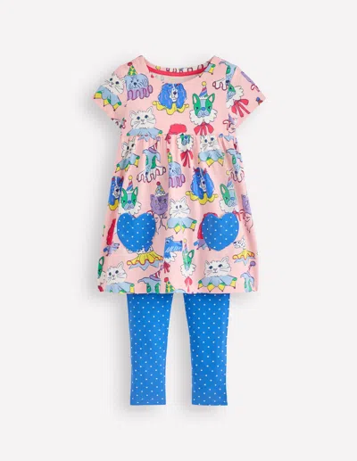 Boden Kids' Short Sleeved Print Tunic Set Chalk Pink Parade Pets Girls  In Blue