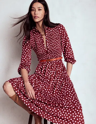 Boden Smocked Jersey Shirt Dress Chestnut, Painted Dot Women  In Burgundy