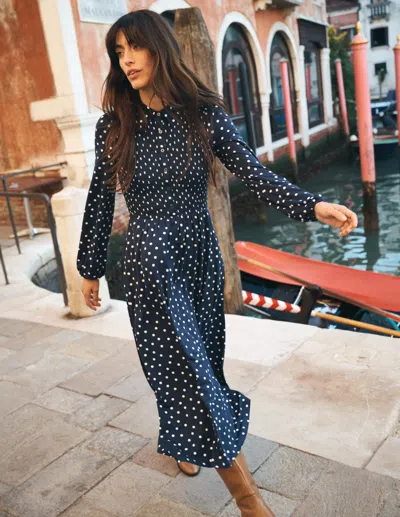 Boden Smocked Jersey Shirt Dress Navy Spot  In Blue