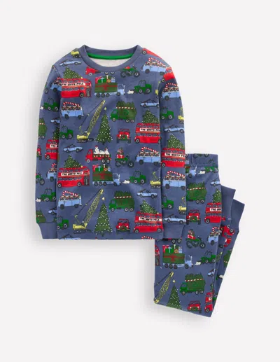 Boden Kids' Snug Glow In The Dark Pajamas Festive Cars  In Blue