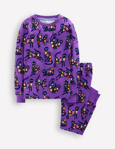 Boden Kids' Snug Glow In The Dark Pyjamas Purple Cats Girls