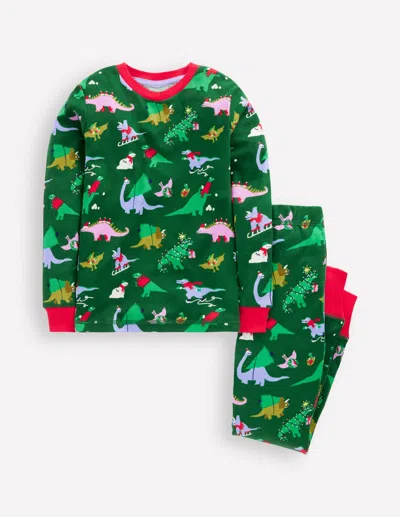 Boden Kids' Snug Long John Pajamas Eden Christmas Dinos  In Green