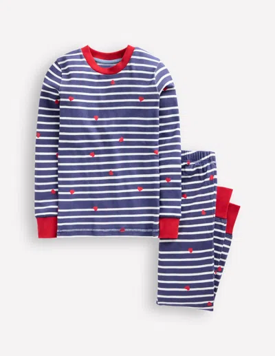 Boden Kids' Snug Long John Pajamas Navy Breton With Tiny Hearts  In Blue
