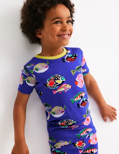 Boden Kids' Snug Short John Glow Pyjamas Blue Heron Fish Boys