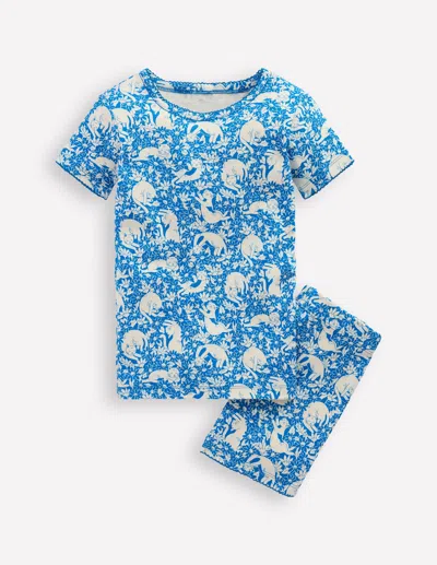 Boden Kids' Snug Short John Pajamas Kingfisher Blue Kitten Meadow Girls