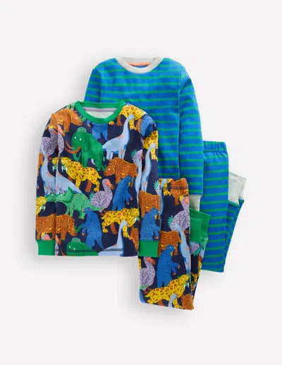 Boden Kids' Snug Twin Pack Pajamas Prehistoric Animals And Stripe  In Blue