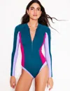 Boden Sporty Raglan Sleeve Swimsuit Oceanside Blue Women  In Multi