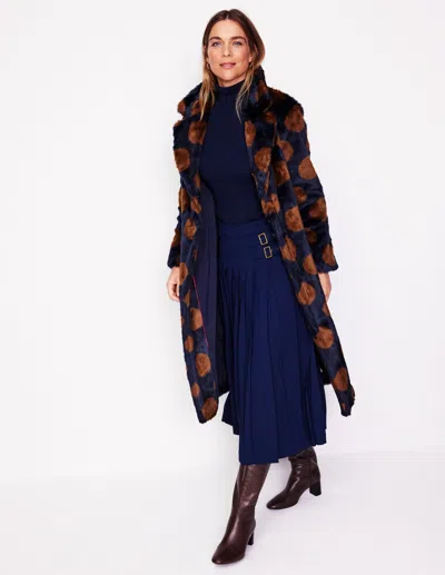 Boden Spot Fauxfur Midi Coatnavy & Brown Spot Women  In Blue