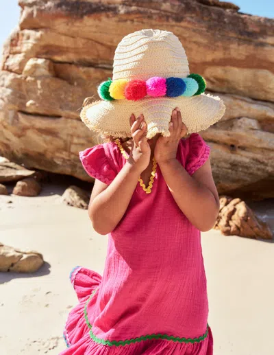 Boden Kids' Straw Hat Multi Pom Girls  In Brown