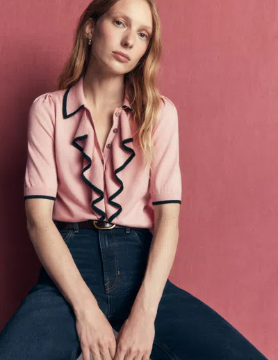 Boden Strick-t-shirt Mit Rüschenkragen In Weiss | Grösse Xs In Pink